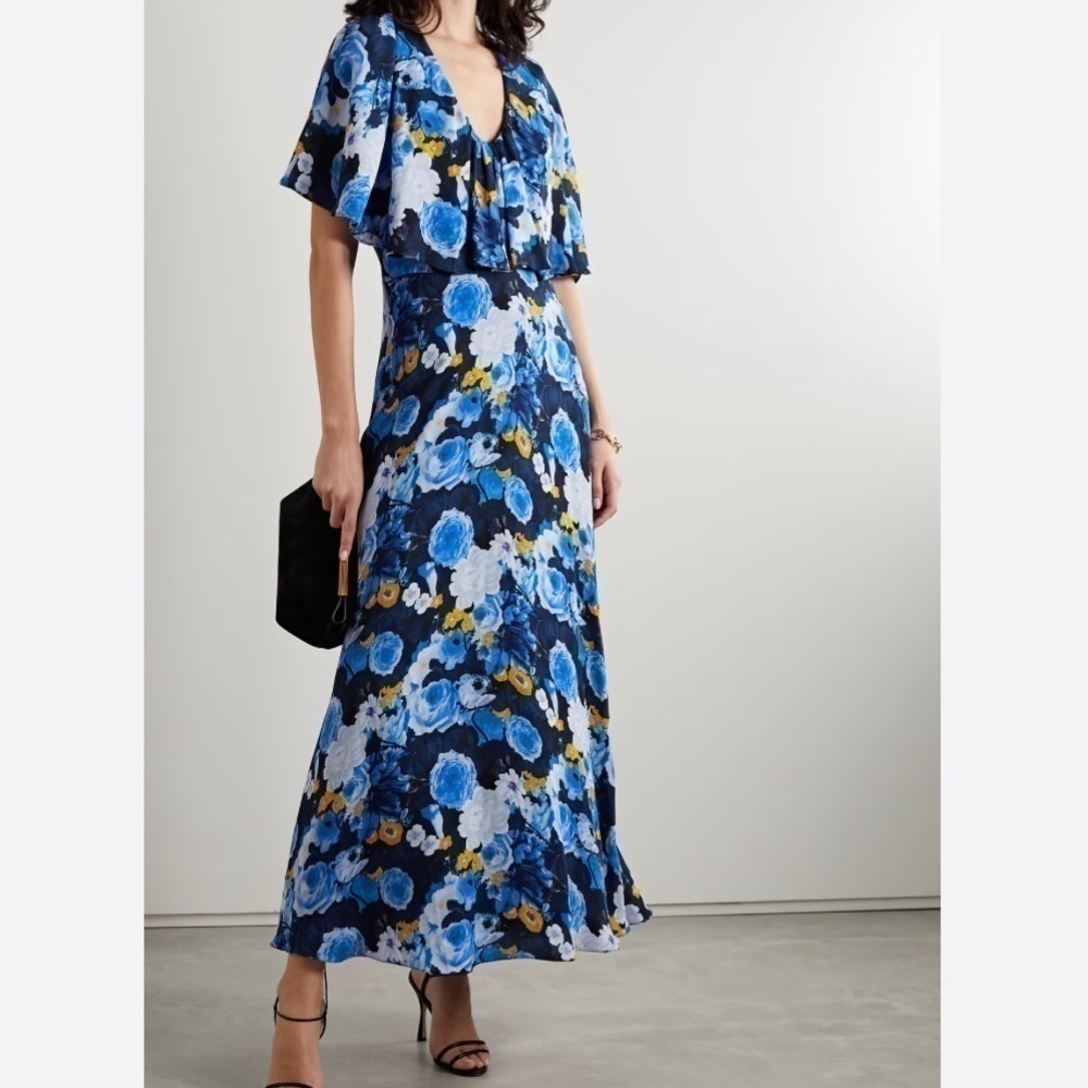 NWT Lela Rose Floral Printed Georgette Capelet Midi Dress in French Blue Multi 4